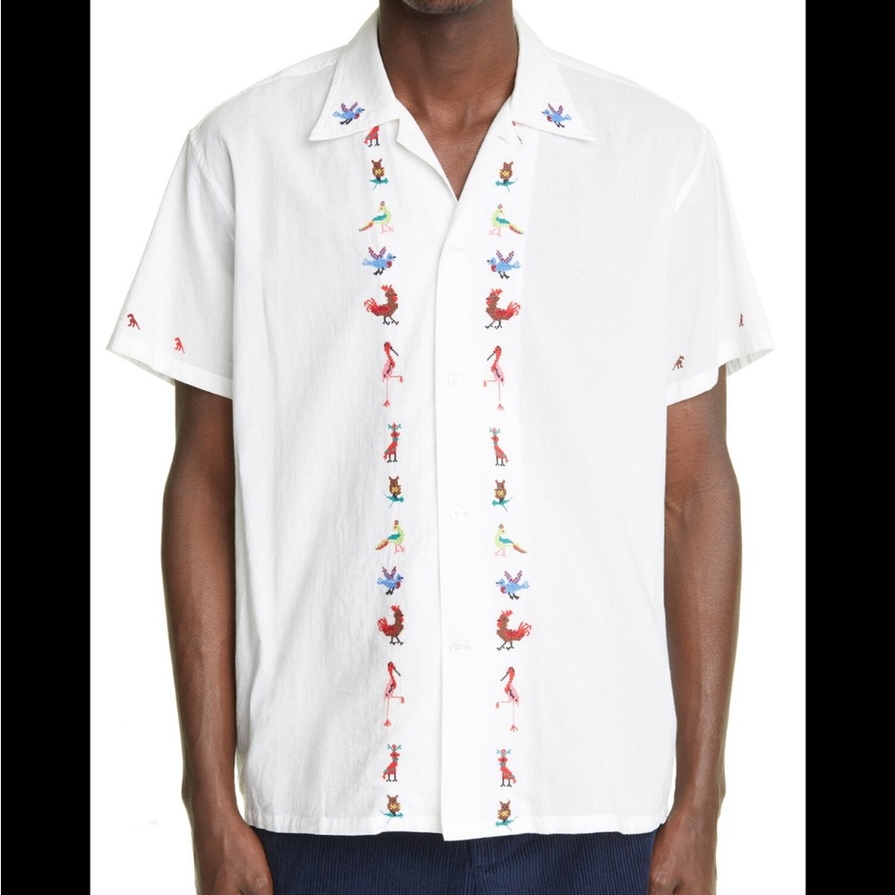 Bode Cross Stitch Bird Cotton Camp Shirt NWT XL